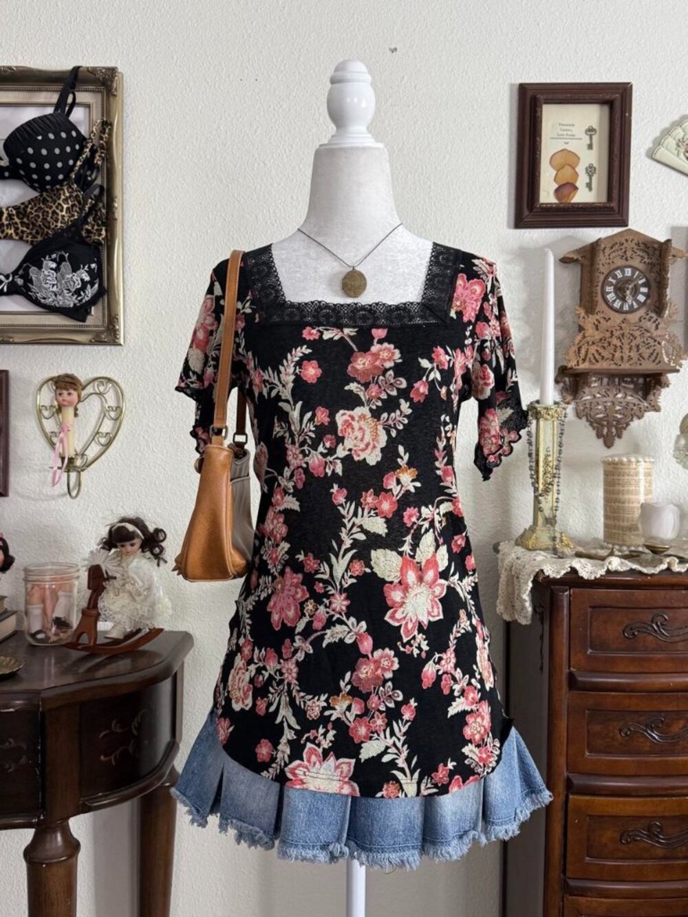Y2k romantic fairy grunge floral semi sheer mesh top w square neckline